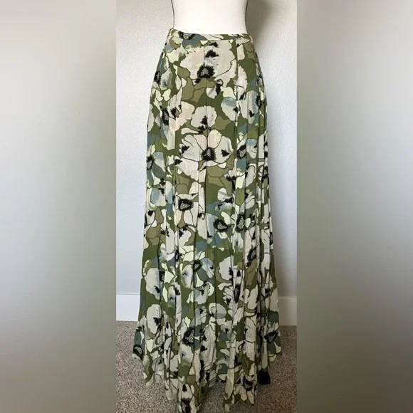 Free People Olive Green Floral A-Line Maxi Skirt with Cream Blooms - Picture 5 of 6